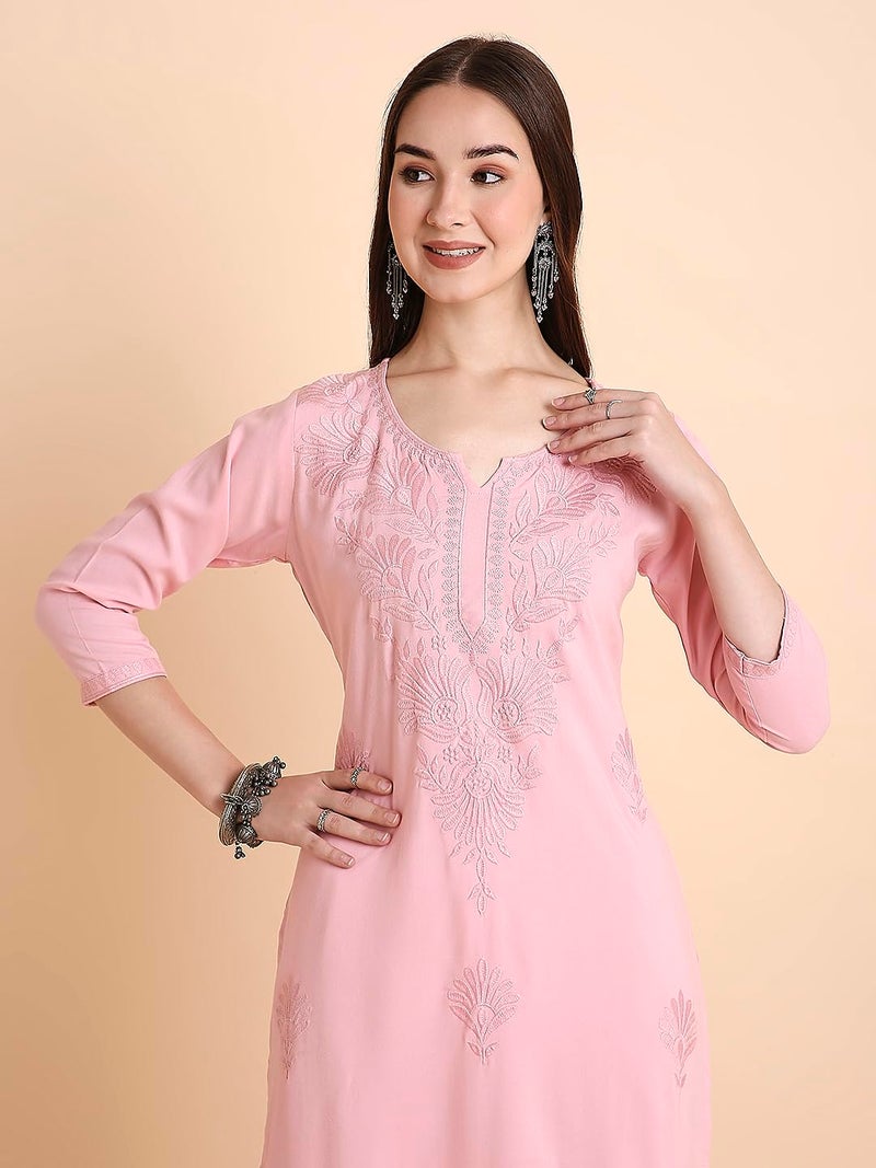 RATAN Women Rayon Straight Fit Lucknowi Chikankari Ethnic Wear Kurta (MEHR-1793-M_Pink) - Image 3