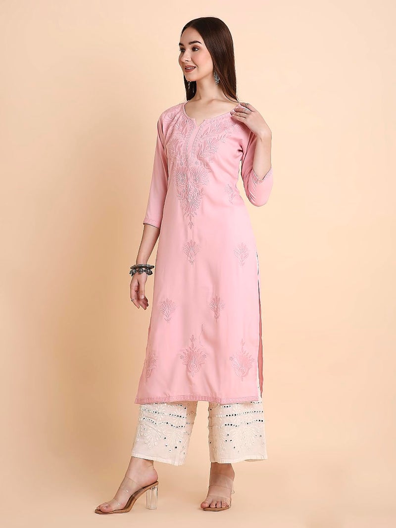 RATAN Women Rayon Straight Fit Lucknowi Chikankari Ethnic Wear Kurta (MEHR-1793-M_Pink) - Image 4