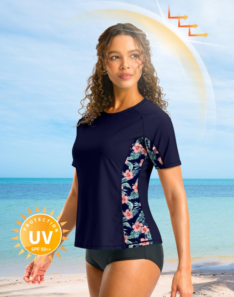 SANTINY Rash Guard for Women UPF 50+ Bathing Suit Sun Protection Short Sleeve Swimsuit Top Quick Dry Swim Shirts for Women (Navy # Floral_L) - Image 4