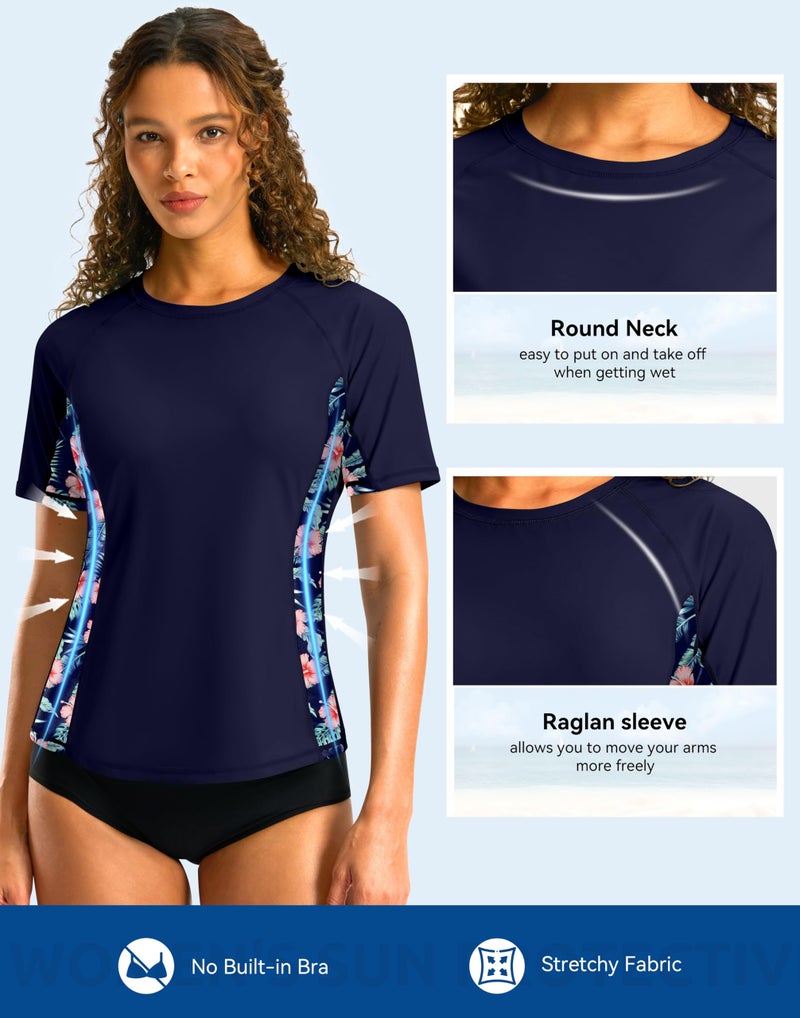 SANTINY Rash Guard for Women UPF 50+ Bathing Suit Sun Protection Short Sleeve Swimsuit Top Quick Dry Swim Shirts for Women (Navy # Floral_L) - Image 5
