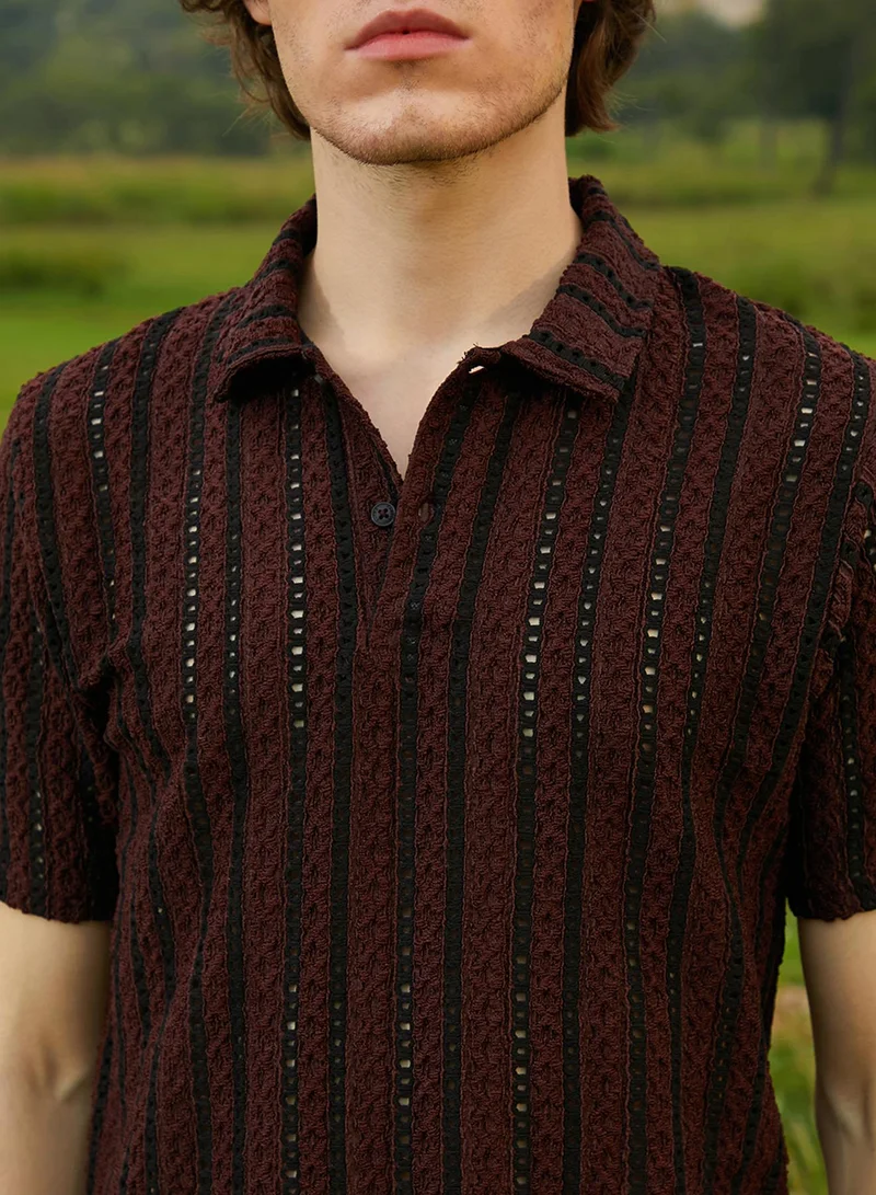 Campus Sutra Men's Chocolate Brown & Onyx Black Tactile-Striped Polo T-Shirt