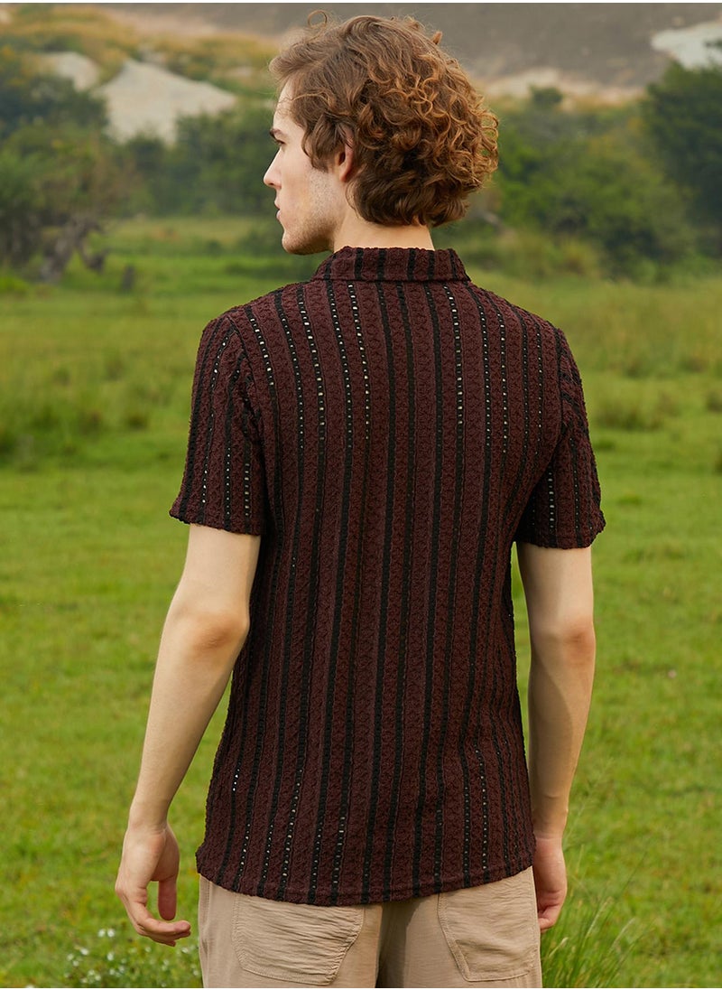 Campus Sutra Men's Chocolate Brown & Onyx Black Tactile-Striped Polo T-Shirt  - Image 5
