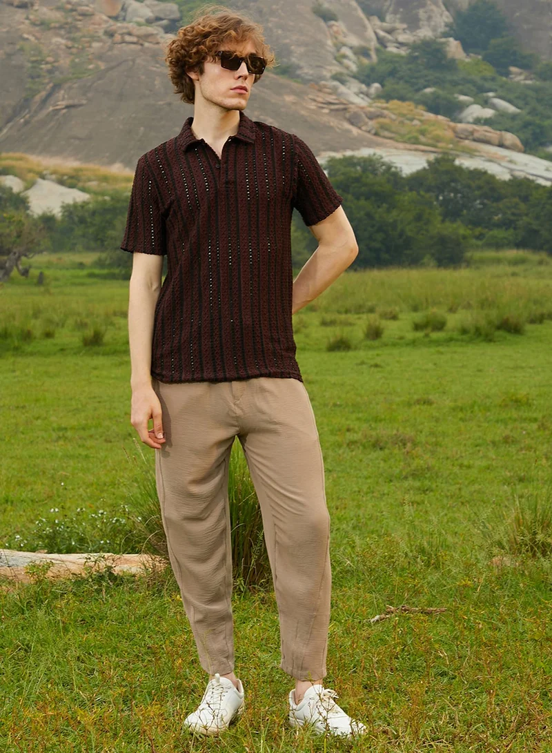 Campus Sutra Men's Chocolate Brown & Onyx Black Tactile-Striped Polo T-Shirt