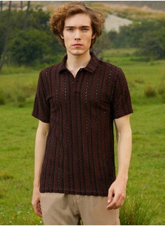 كامبوس سوترا Men's Chocolate Brown & Onyx Black Tactile-Striped Polo T-Shirt  - Image 2