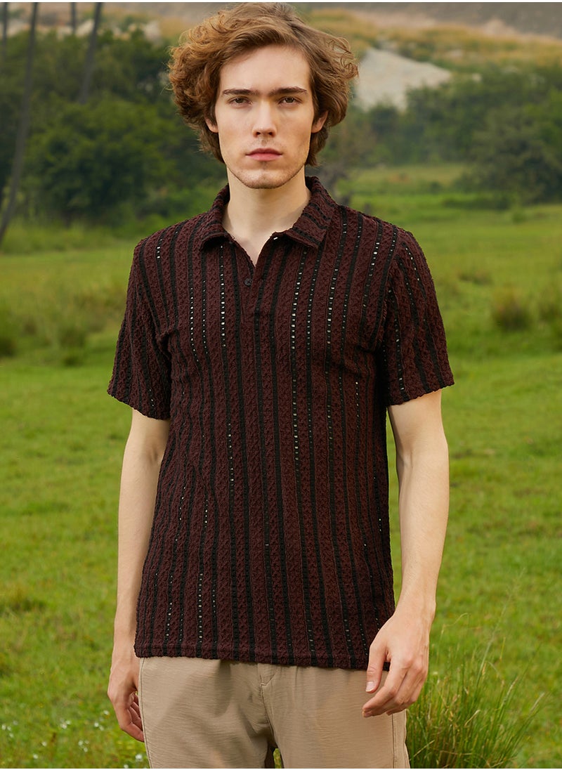 Campus Sutra Men's Chocolate Brown & Onyx Black Tactile-Striped Polo T-Shirt  - Image 2