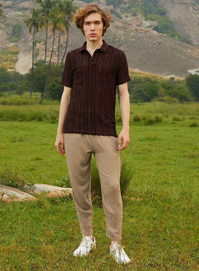 Campus Sutra Men's Chocolate Brown & Onyx Black Tactile-Striped Polo T-Shirt