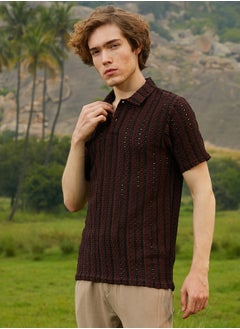 كامبوس سوترا Men's Chocolate Brown & Onyx Black Tactile-Striped Polo T-Shirt  - Image 3