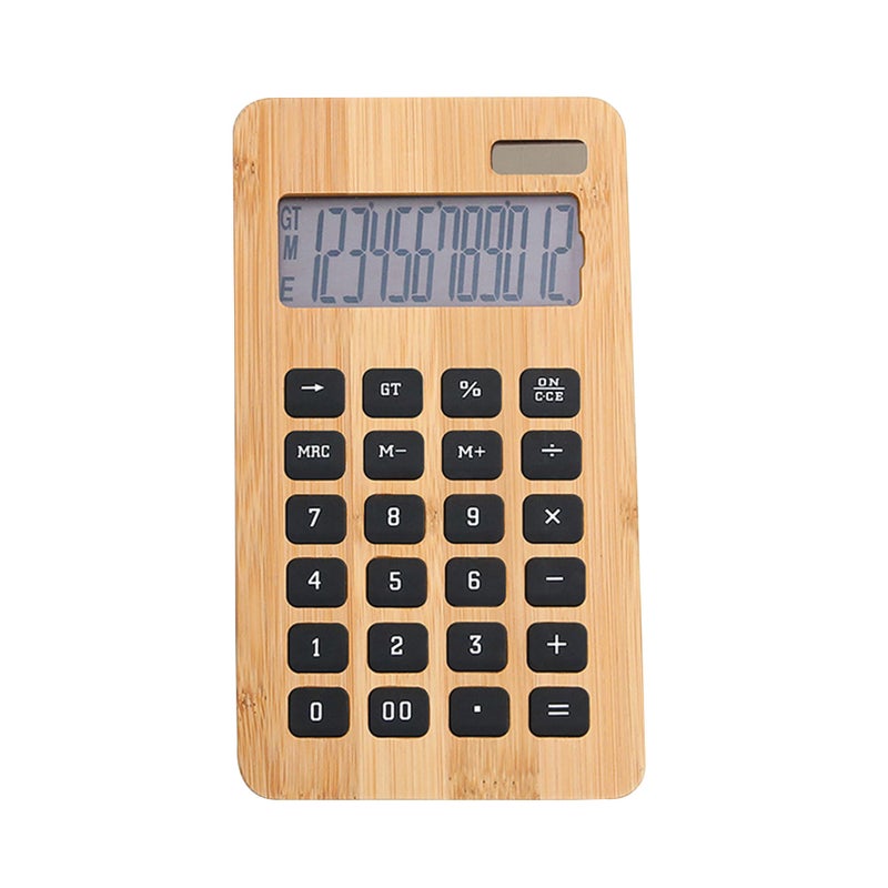 Desktop Bamboo Calculator Counter 12 Digits Display Solar Energy& Button Battery Dual Powered Calculating Tool for Home Office School Store - Image 1