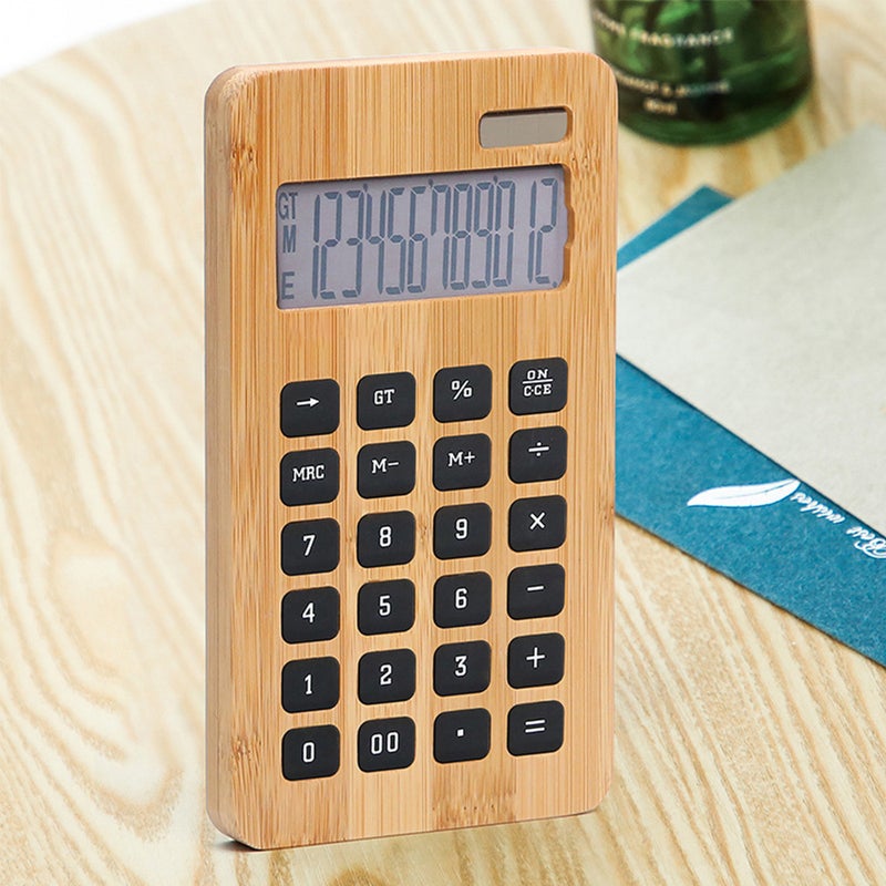 Desktop Bamboo Calculator Counter 12 Digits Display Solar Energy& Button Battery Dual Powered Calculating Tool for Home Office School Store - Image 3