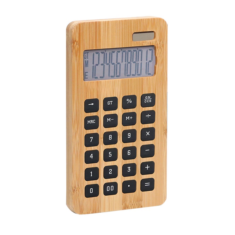 Desktop Bamboo Calculator Counter 12 Digits Display Solar Energy& Button Battery Dual Powered Calculating Tool for Home Office School Store - Image 2