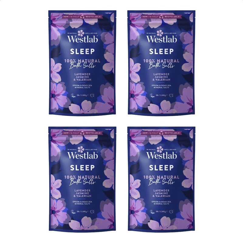 Westlab Sleep Epsom Dead Sea Bath Salts 136kg x 4 Resealable Pouches 100 Natural Pure Unscented Mineral Salts with Jasmine Lavender