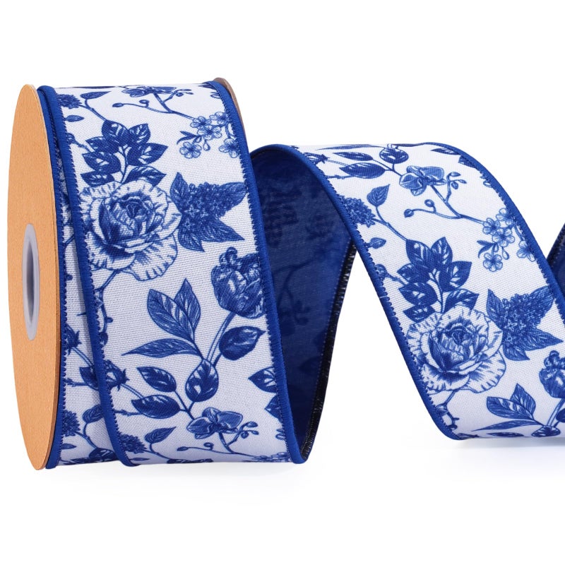 Laribbons Blue Floral Wired Ribbon, 2.5 Inch x 10 Yards, Spring Flower Ribbon for Wreath Making, Bows, Crafts & Home Decor - Image 1