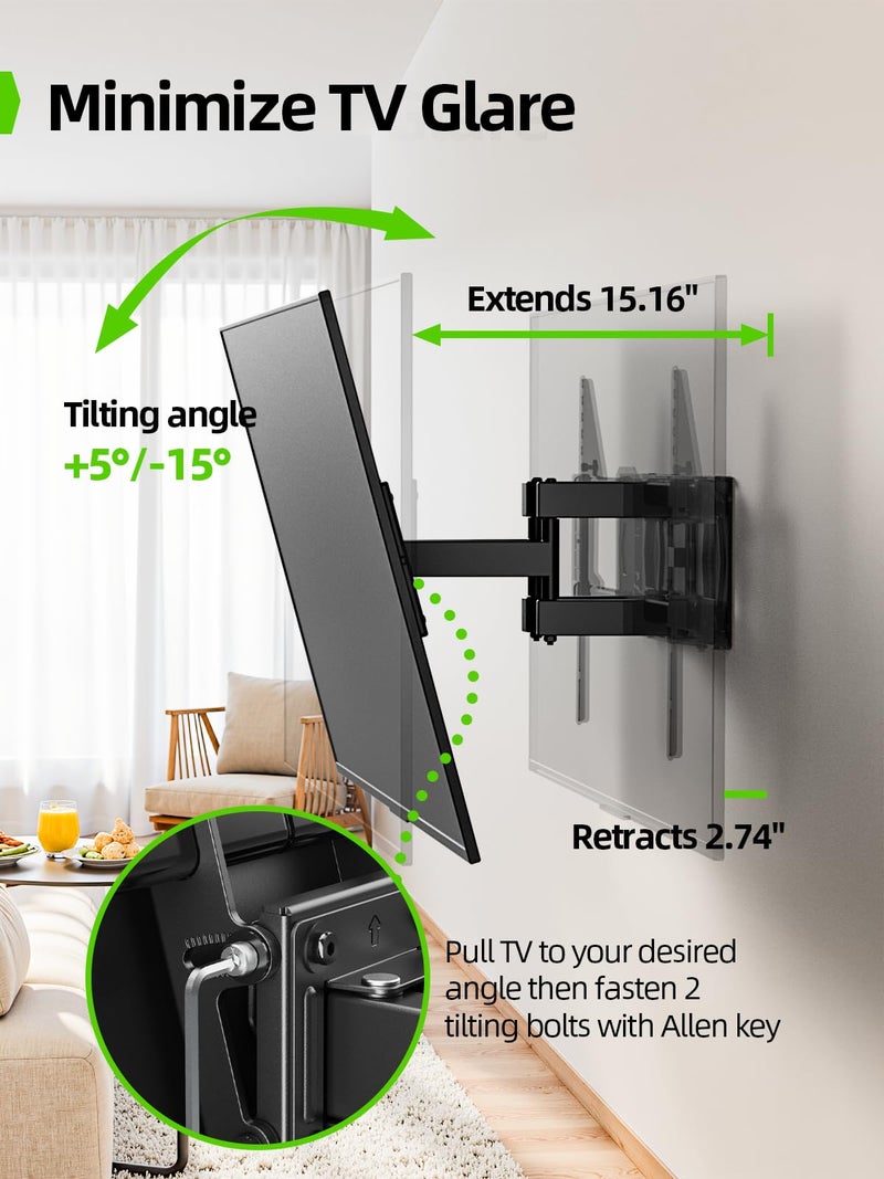 USX MOUNT Full Motion TV Mount for 42-80 Inch Flat Screen LED TV up to 120 lbs, Swivel TV Wall Mount Dual Articulating Arms, Tool-Free Tilt TV Bracket Max VESA 600x400mm, for 8-16 in Wood Studs - Image 4