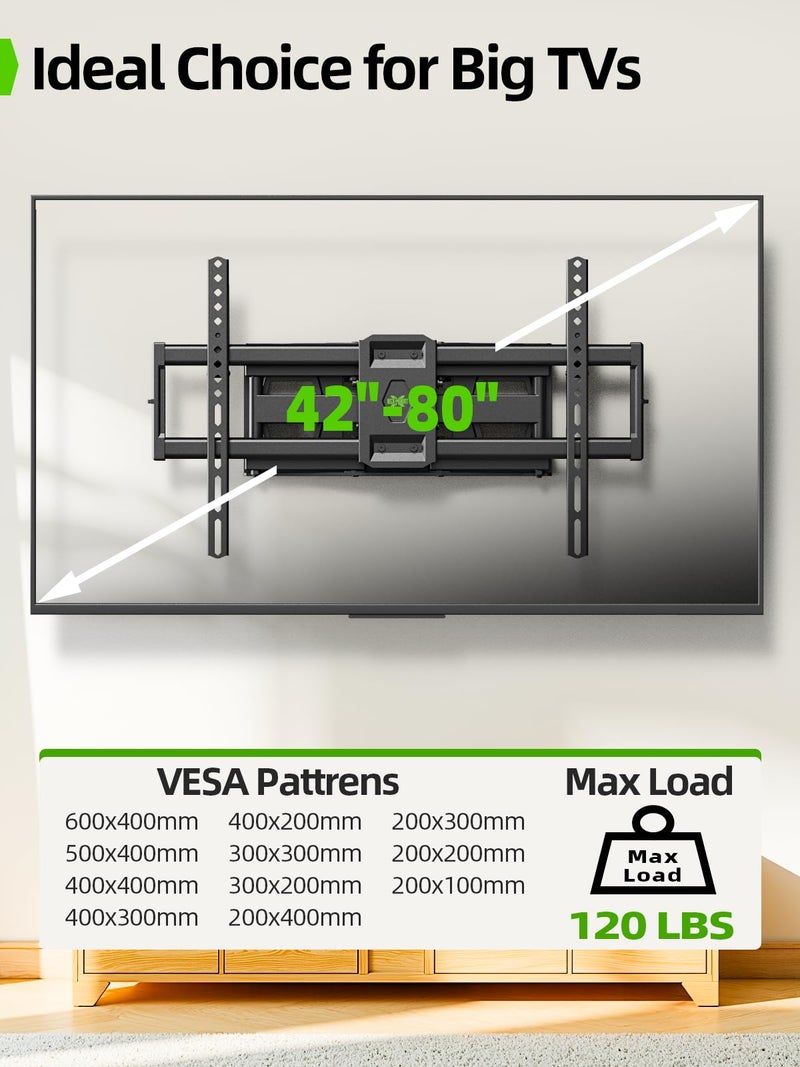 USX MOUNT Full Motion TV Mount for 42-80 Inch Flat Screen LED TV up to 120 lbs, Swivel TV Wall Mount Dual Articulating Arms, Tool-Free Tilt TV Bracket Max VESA 600x400mm, for 8-16 in Wood Studs - Image 3