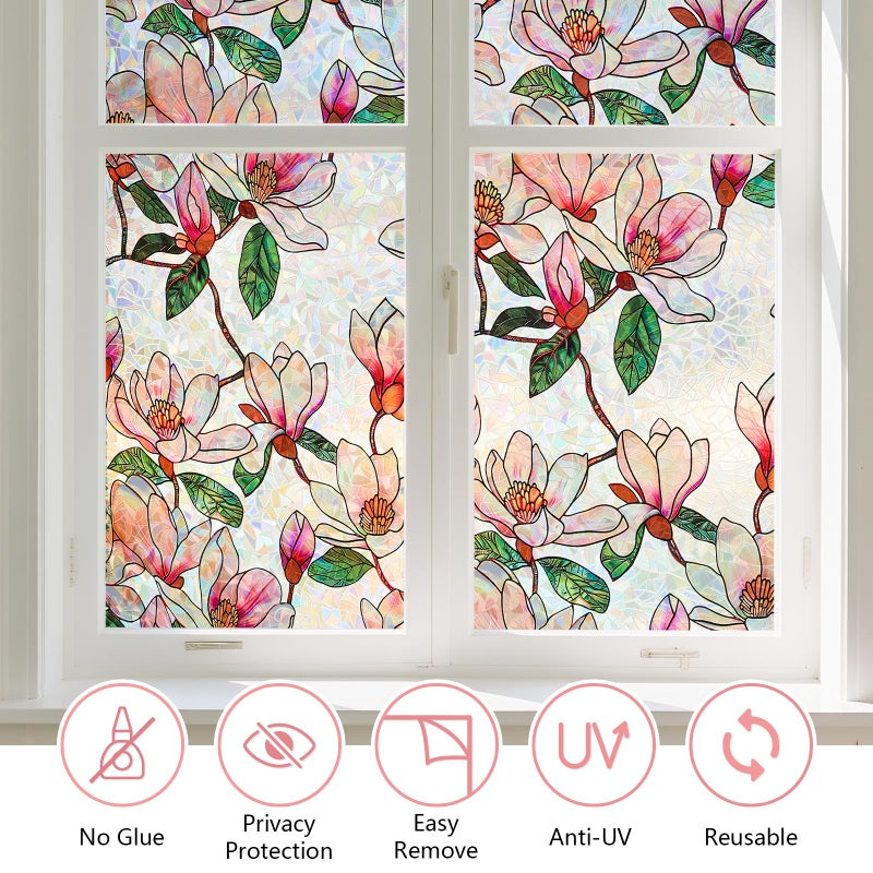 Kromapolis Window Privacy Film, Stained Glass Sticker Floral Window Clings, Decorative Static Clings UV Blocking Colorful Decals, Removable Vinyl Covering Rainbow Magnolia Flowers, 23.6'' x 78.7'' - Image 5