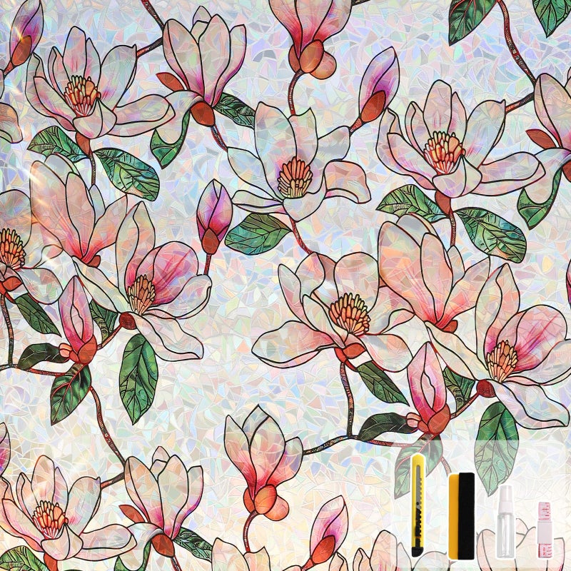 Kromapolis Window Privacy Film, Stained Glass Sticker Floral Window Clings, Decorative Static Clings UV Blocking Colorful Decals, Removable Vinyl Covering Rainbow Magnolia Flowers, 23.6'' x 78.7'' - Image 1