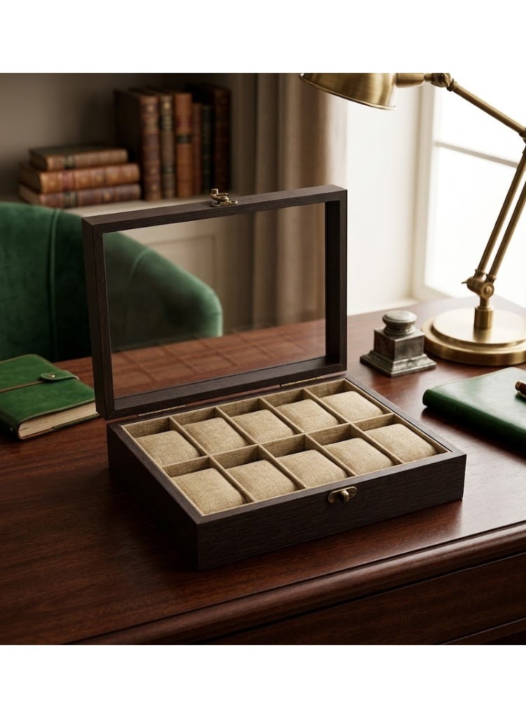 Premium 10-Slot Wooden Watch Organizer with Glass Top - Image 1