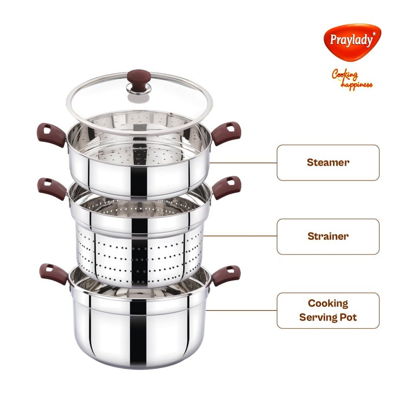 Praylady MultiPurpose Cookpot with Glass Lid Includes Strainer and Steamer Pot Triply Base Sandwich Bottom HeatResistant Silicone Handles for Cooking Steaming and Fryingwo idly Plate - Image 4