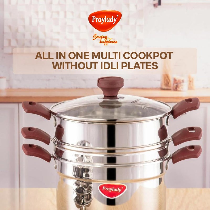 Praylady MultiPurpose Cookpot with Glass Lid Includes Strainer and Steamer Pot Triply Base Sandwich Bottom HeatResistant Silicone Handles for Cooking Steaming and Fryingwo idly Plate - Image 2