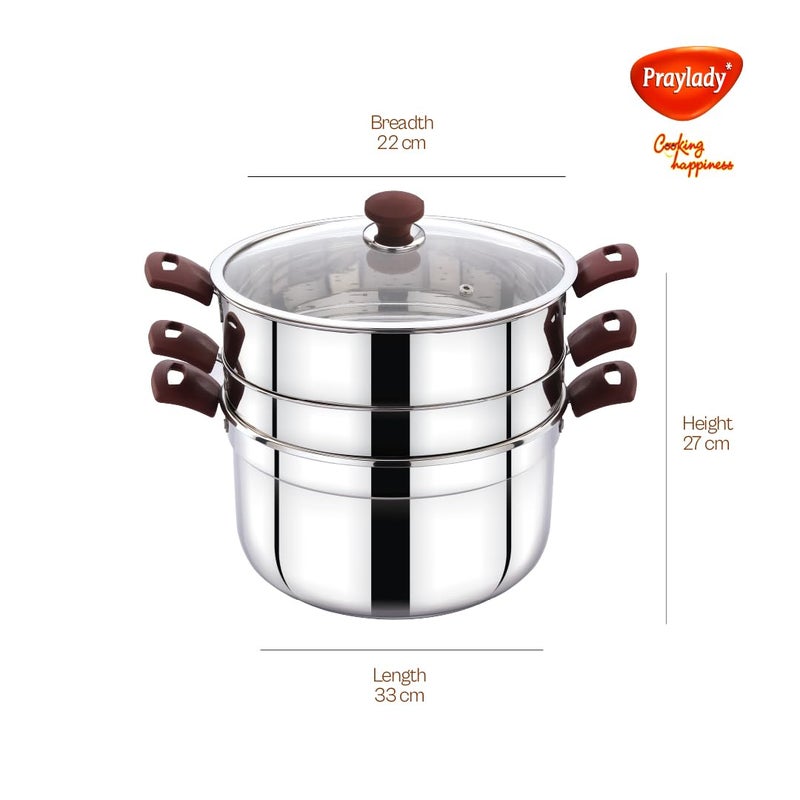 Praylady MultiPurpose Cookpot with Glass Lid Includes Strainer and Steamer Pot Triply Base Sandwich Bottom HeatResistant Silicone Handles for Cooking Steaming and Fryingwo idly Plate - Image 3