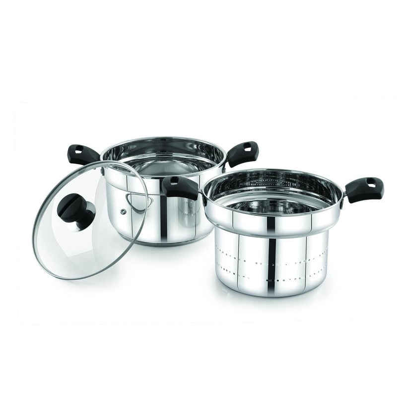 Praylady MultiPurpose Cookpot with Glass Lid Includes Strainer and Steamer Pot Triply Base Sandwich Bottom HeatResistant Silicone Handles for Cooking Steaming and Fryingwo idly Plate - Image 1