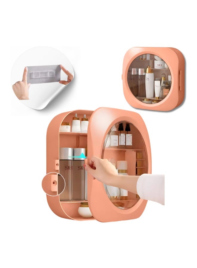 صندوق تخزين مستحضرات التجميل الشفاف متعدد الوظائف يثبت على الحائط بدون ثقب، منظم مكياج بلاستيكي شفاف مقاوم للماء ورف تخزين مقسم (وردي)