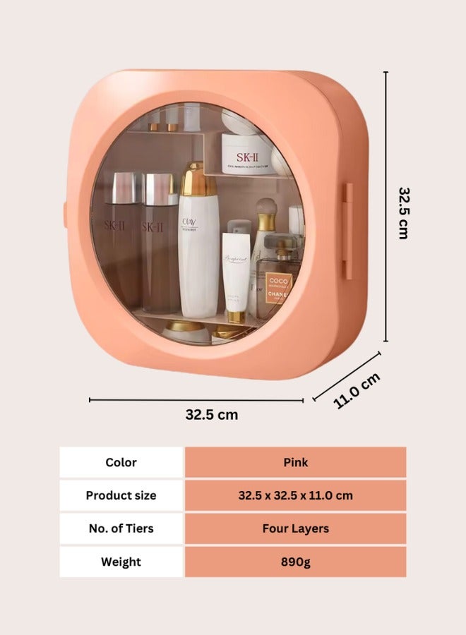 صندوق تخزين مستحضرات التجميل الشفاف متعدد الوظائف يثبت على الحائط بدون ثقب، منظم مكياج بلاستيكي شفاف مقاوم للماء ورف تخزين مقسم (وردي)