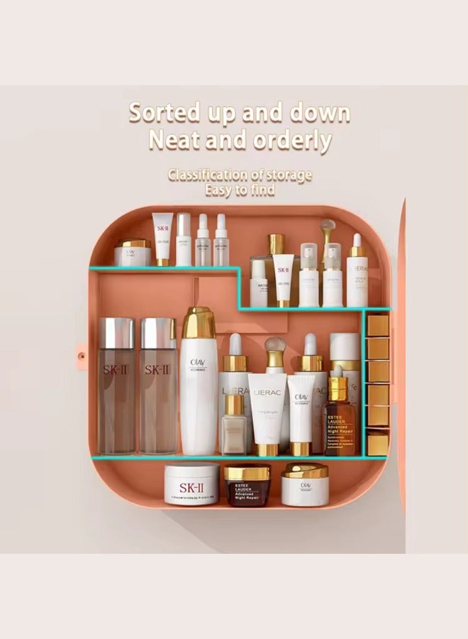 صندوق تخزين مستحضرات التجميل الشفاف متعدد الوظائف يثبت على الحائط بدون ثقب، منظم مكياج بلاستيكي شفاف مقاوم للماء ورف تخزين مقسم (وردي)