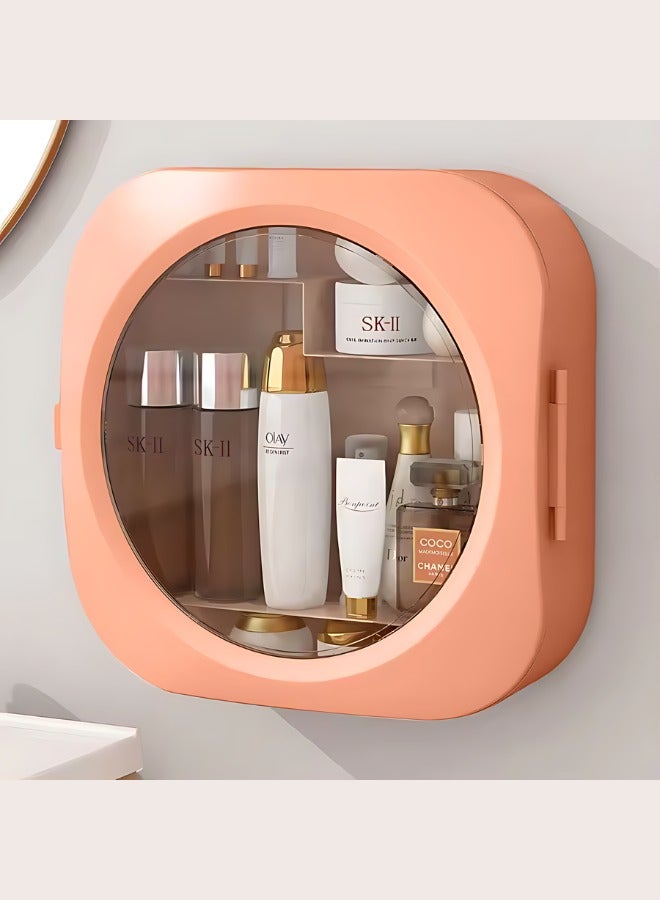 صندوق تخزين مستحضرات التجميل الشفاف متعدد الوظائف يثبت على الحائط بدون ثقب، منظم مكياج بلاستيكي شفاف مقاوم للماء ورف تخزين مقسم (وردي)
