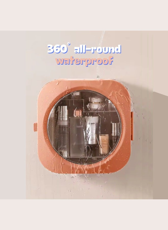 صندوق تخزين مستحضرات التجميل الشفاف متعدد الوظائف يثبت على الحائط بدون ثقب، منظم مكياج بلاستيكي شفاف مقاوم للماء ورف تخزين مقسم (وردي)