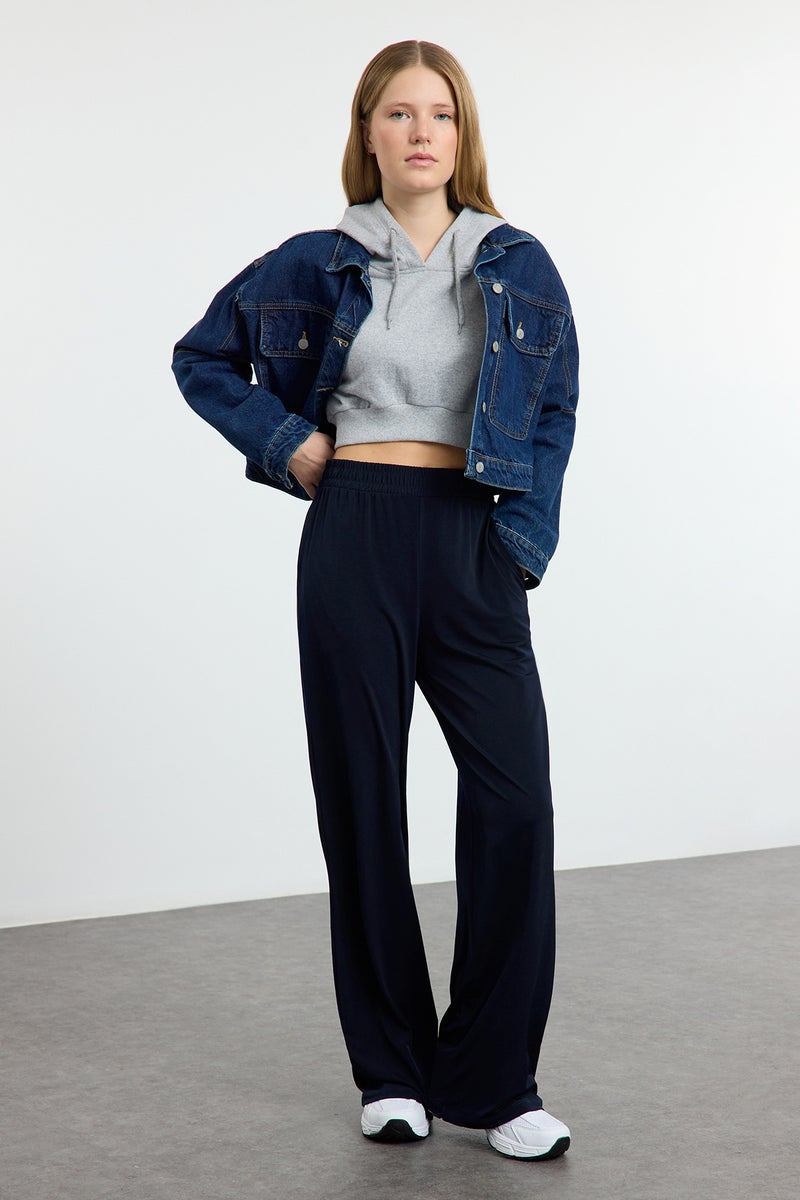 trendyol Navy Blue Wide Leg/Comfortable Cut High Waist Stretchy Trousers - Image 1