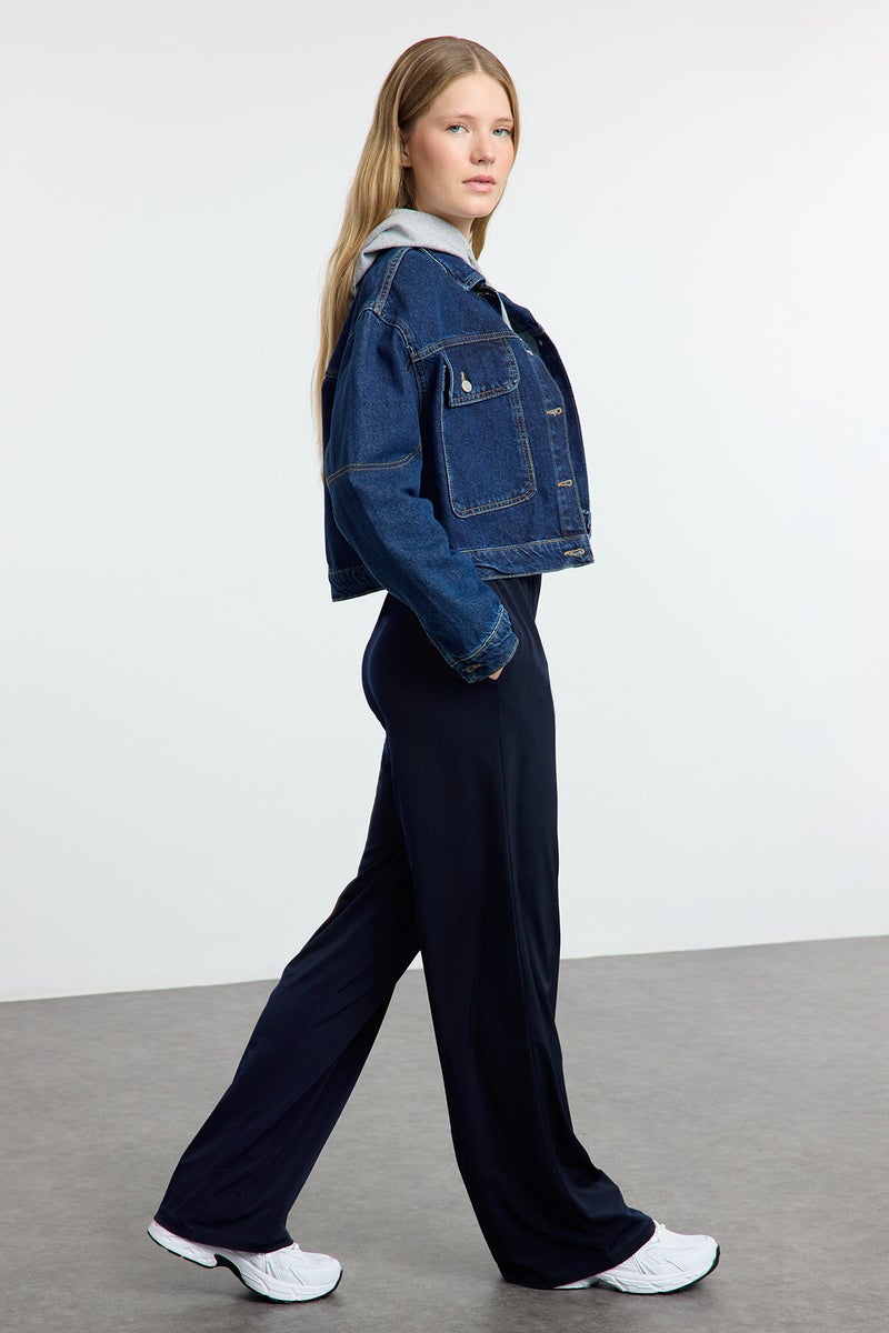 trendyol Navy Blue Wide Leg/Comfortable Cut High Waist Stretchy Trousers - Image 2