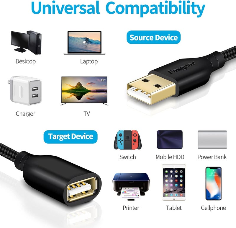 USB 2.0 Extension Cable, 2Pack 10ft a Male to a Female USB Extension Lead for Charging and Syncing - USB Extender for Printers |Cameras|Mouse|Keyboards & Other Computer Accessories Black - Image 3