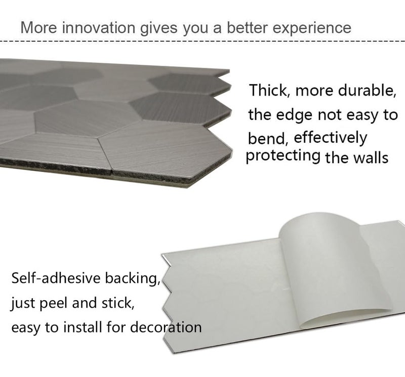 XUANINY Peel and Stick Metal Hexagon Tiles, Self Adhesive Decorative Waist Line Mosaic Tiles, Wall Panels for Kitchen Backsplash, Bathroom, Bedroom, Living Room (20 Stainless Steel) - Image 5