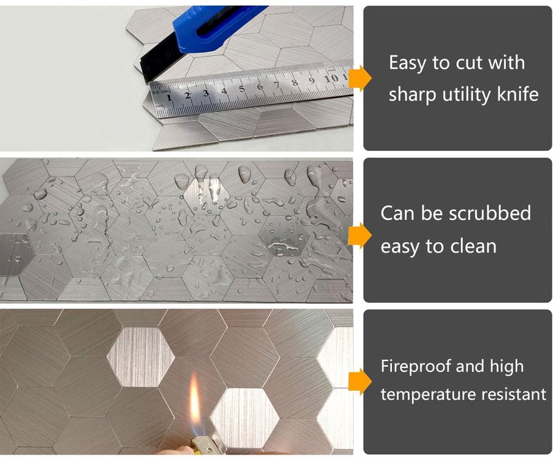 XUANINY Peel and Stick Metal Hexagon Tiles, Self Adhesive Decorative Waist Line Mosaic Tiles, Wall Panels for Kitchen Backsplash, Bathroom, Bedroom, Living Room (20 Stainless Steel) - Image 4