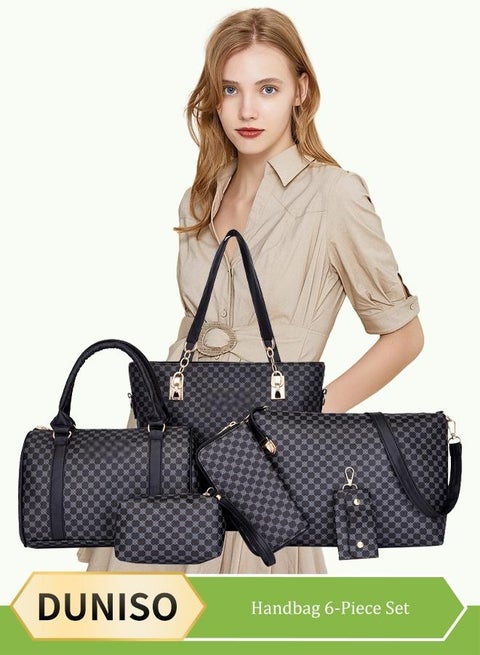 6pcs Shoulder Bag Set for Women Large Capacity checkered pattern  Ladies Tote Handbag Set for Women Commute One Shoulder Cross-body Bag with Wallet(Black）