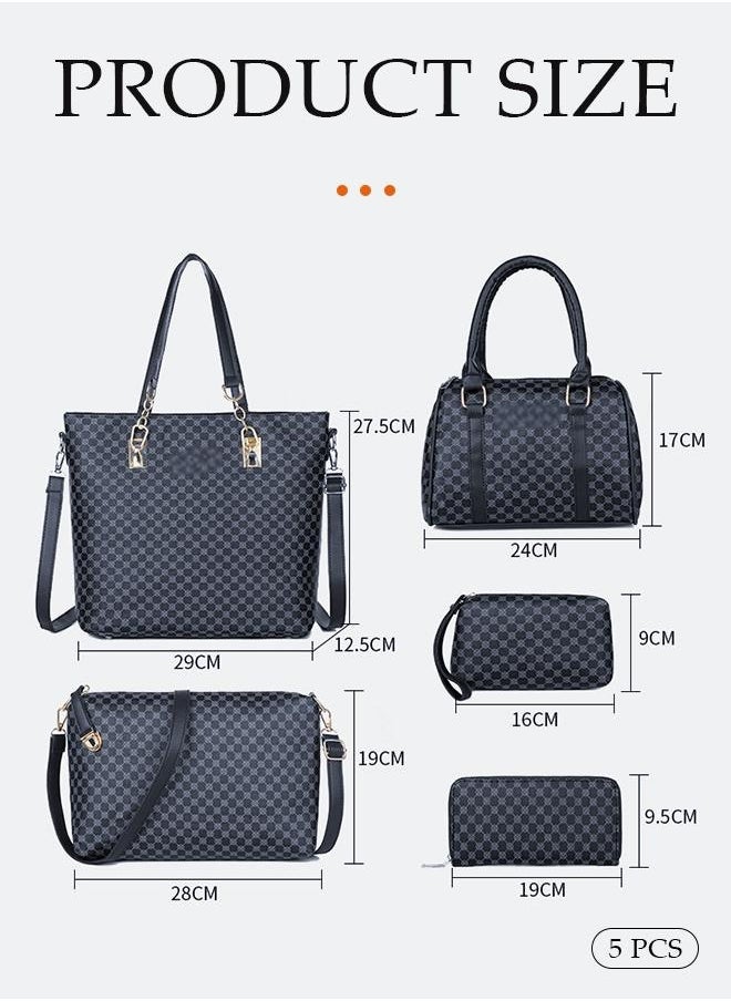 DUNISO - 6pcs Shoulder Bag Set for Women Large Capacity checkered pattern  Ladies Tote Handbag Set for Women Commute One Shoulder Cross-body Bag with Wallet(Black） - Image 1