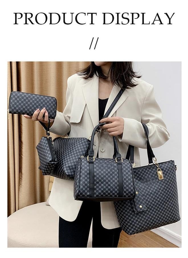 DUNISO - 6pcs Shoulder Bag Set for Women Large Capacity checkered pattern  Ladies Tote Handbag Set for Women Commute One Shoulder Cross-body Bag with Wallet(Black） - Image 1