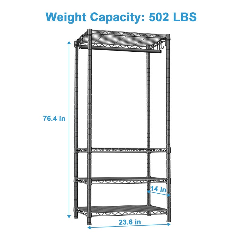Ulif H4 Mini Portable Closet, 4 Tiers Freestanding Clothing Garment Rack for Small Space, Metal Clothes Wardrobe System for Bedroom, 23.6" W x 14" D x 76.4" H, Load 502 lbs, Black - Image 5