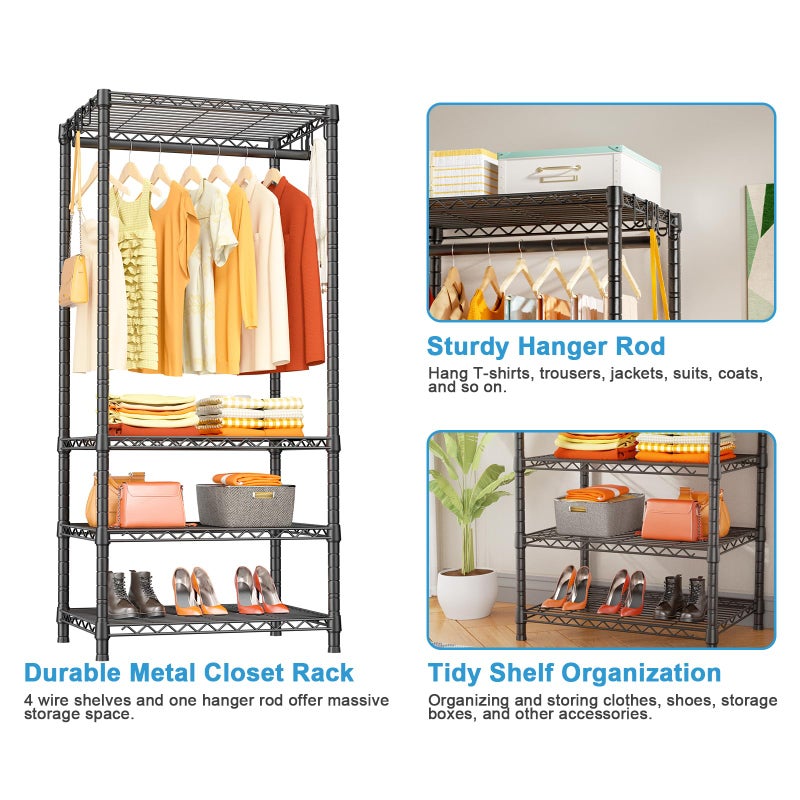 Ulif H4 Mini Portable Closet, 4 Tiers Freestanding Clothing Garment Rack for Small Space, Metal Clothes Wardrobe System for Bedroom, 23.6" W x 14" D x 76.4" H, Load 502 lbs, Black - Image 4