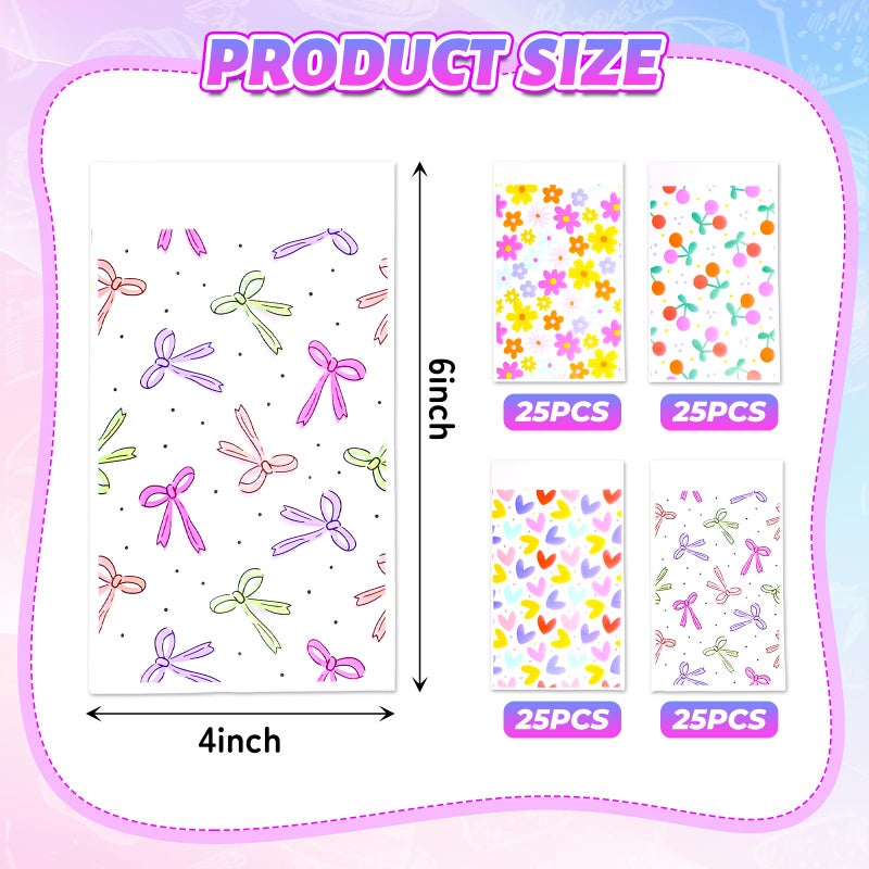 Eunoir 100Pcs 4x6 Inches Self Adhesive Goodie Bags, 4 Assorted Dopamine Color Patterns for Party Favors, Treat Bags for Birthday, Baby Shower, Wedding, Carnival - Image 2