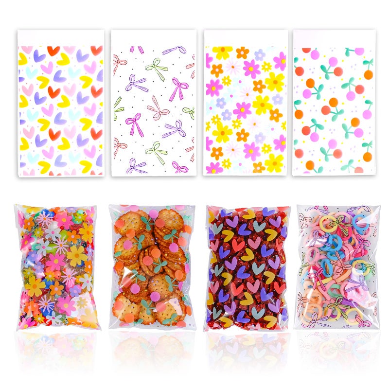Eunoir 100Pcs 4x6 Inches Self Adhesive Goodie Bags, 4 Assorted Dopamine Color Patterns for Party Favors, Treat Bags for Birthday, Baby Shower, Wedding, Carnival - Image 1