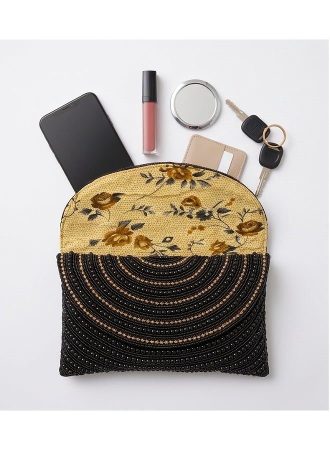 JOHN PAULS Women Evening Clutch Bag Black Beaded with Gold Color Chain Handmade Sunburst Clutch, Floral Lining, Braided Strap | Formal Occasion Purse for Women - Image 3
