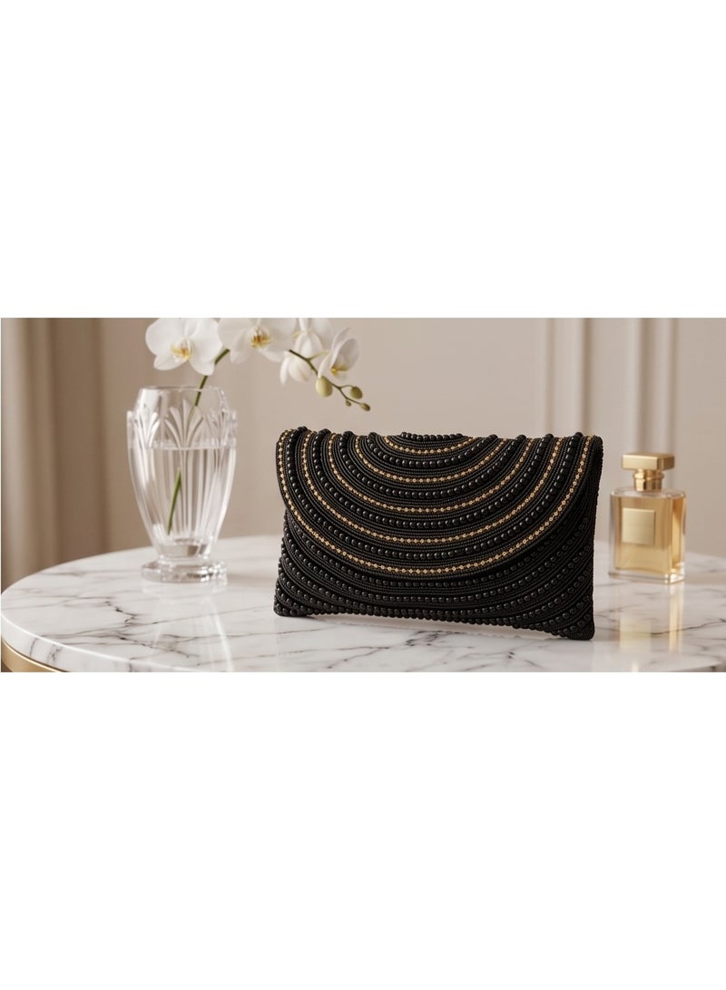 JOHN PAULS Women Evening Clutch Bag Black Beaded with Gold Color Chain Handmade Sunburst Clutch, Floral Lining, Braided Strap | Formal Occasion Purse for Women - Image 4
