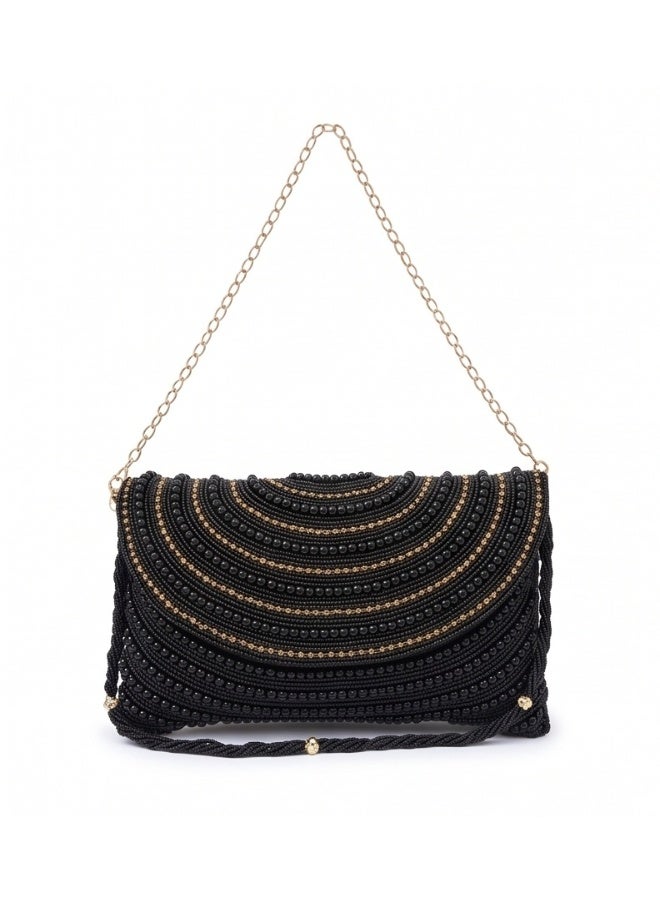 JOHN PAULS Women Evening Clutch Bag Black Beaded with Gold Color Chain Handmade Sunburst Clutch, Floral Lining, Braided Strap | Formal Occasion Purse for Women - Image 1