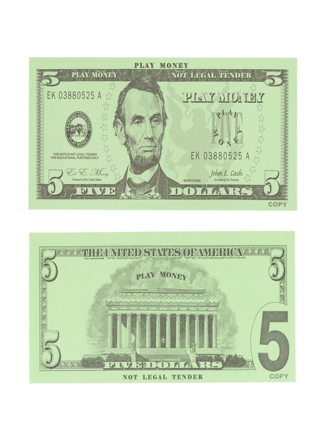 LEARNING ADVANTAGE Five Dollar Play Bills - Set of 100 $5 Paper Bills - Designed and Sized Like Real US Currency - Teach Currency, Counting and Math with Play Money - Image 1