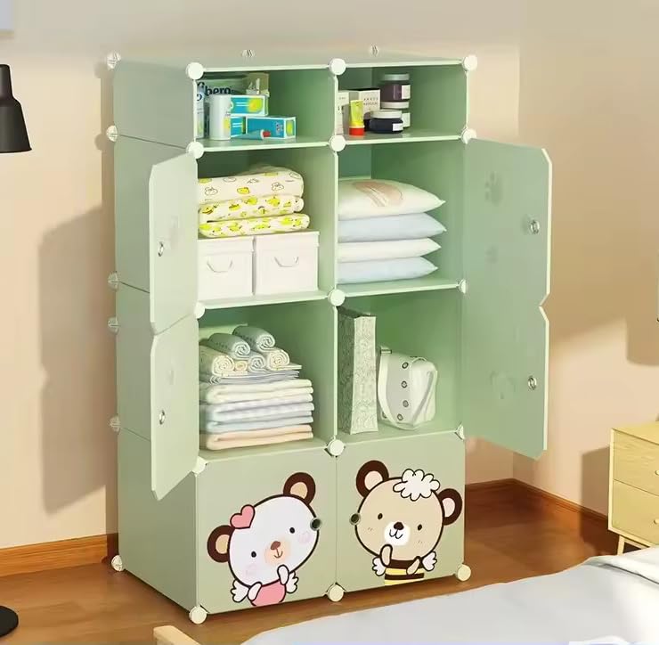 EXVITO Kids Portable DIY Cartoon Giraffe Wardrobe | Multi-Shelf Foldable Almirah for Baby Clothes Storage | 6+2 Door Plastic Kids Cupboard with Hanging Space & Drawers | Storage Organizer - Green - Image 1