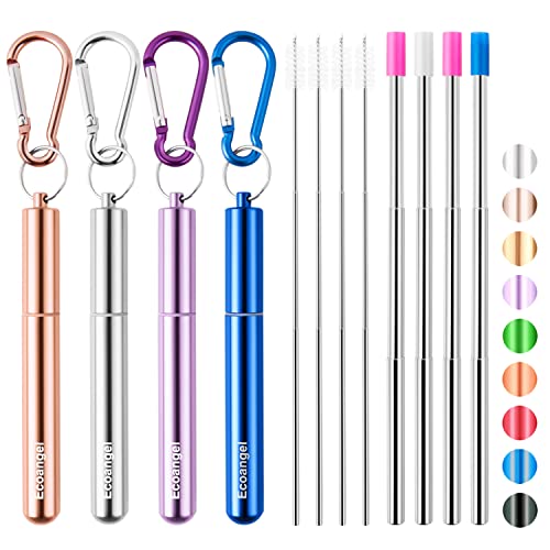 Ecoangel Ecoangel Cruise Ship Essentials4Pack reusable Collapsible Stainless Steel Drinking Straws with Aluminum CaseCleaning Brushand Keychains Silverrose goldbluepurple