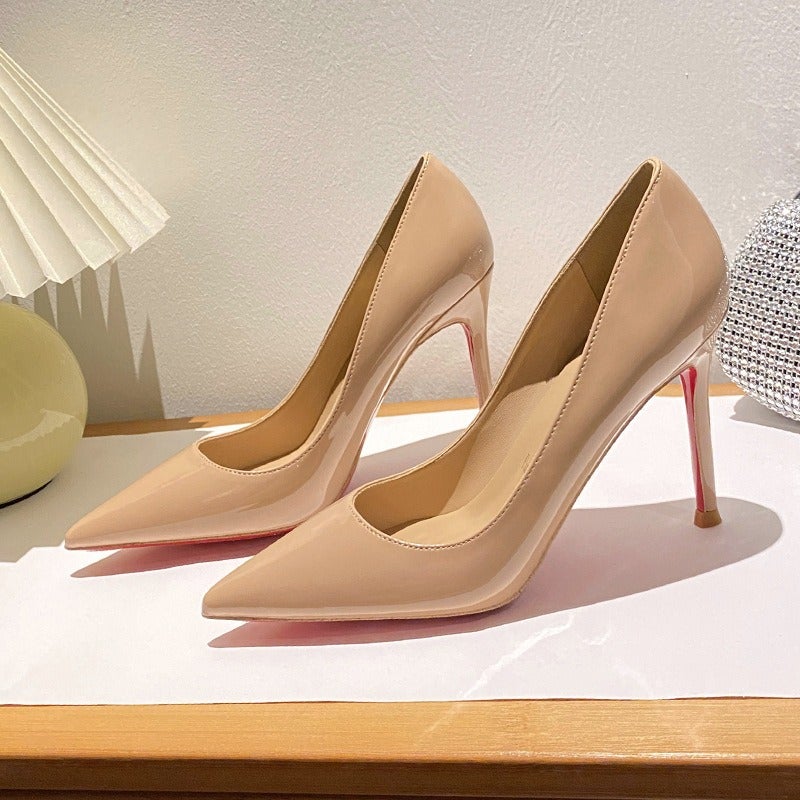 2026 New Red Sole Pointed Toe Side Hollow Sexy Nude High Heels for Women - Elegant Black Patent Leather Single Shoes