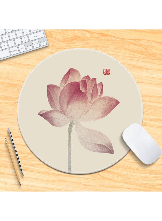 National Tide Lotus Small Size Mouse Pad Chinese Style Brush Painting Office Desk Mat Lock Edge Thickened Round Simple Flower And Bird For Men 